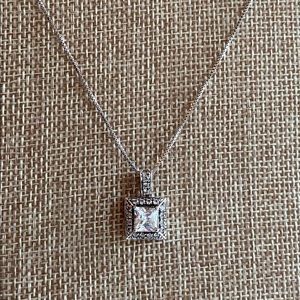 925 Sterling Silver CZ Square Pendant Necklace